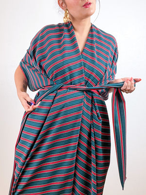 Print High Low Kimono Hunter Red Stripe Bubble Crepe