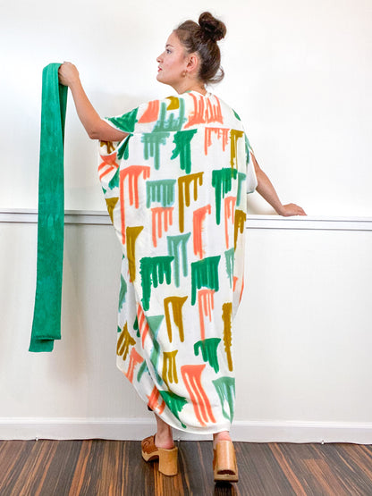 OOAK Hand-Dyed High Low Kimono Emerald Flamingo Amber Sea Drips