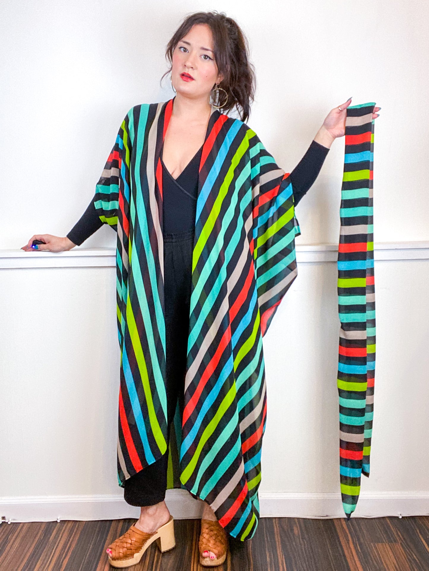 Print High Low Kimono Multi Stripe Chiffon