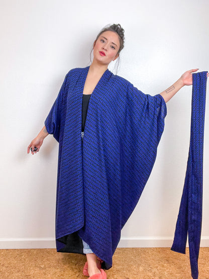 Print High Low Kimono Royal Black V Rayon Challis
