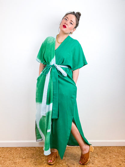 Single Gauze Duster Kimono Green Aqua Brushstrokes