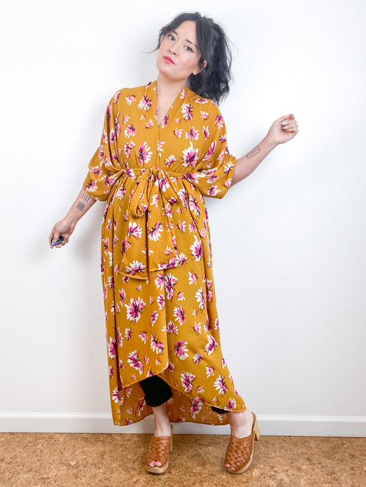 Print High Low Kimono Golden Floral Crepe