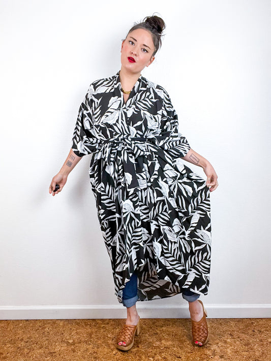 High Low Kimono Black White Tropical Leaves Rayon Challis