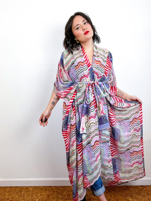 Print High Low Kimono Multi Wavy Lines Chiffon