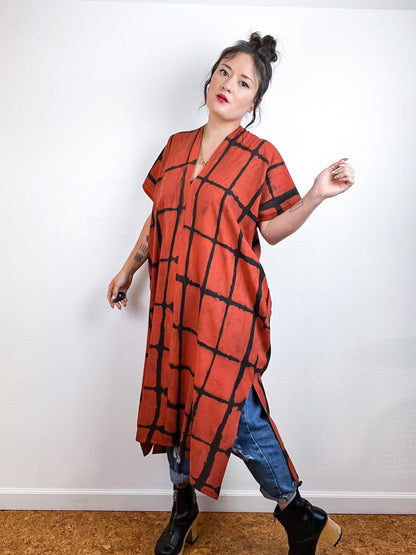 Hand-Dyed Midi Smock Dress Rust Black Windowpane