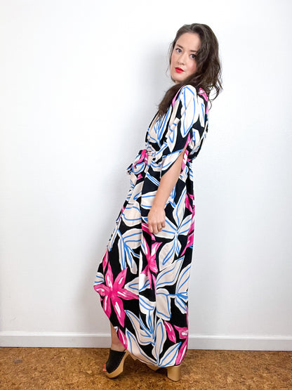 Print High Low Kimono Black Magenta Blue Large Floral Challis