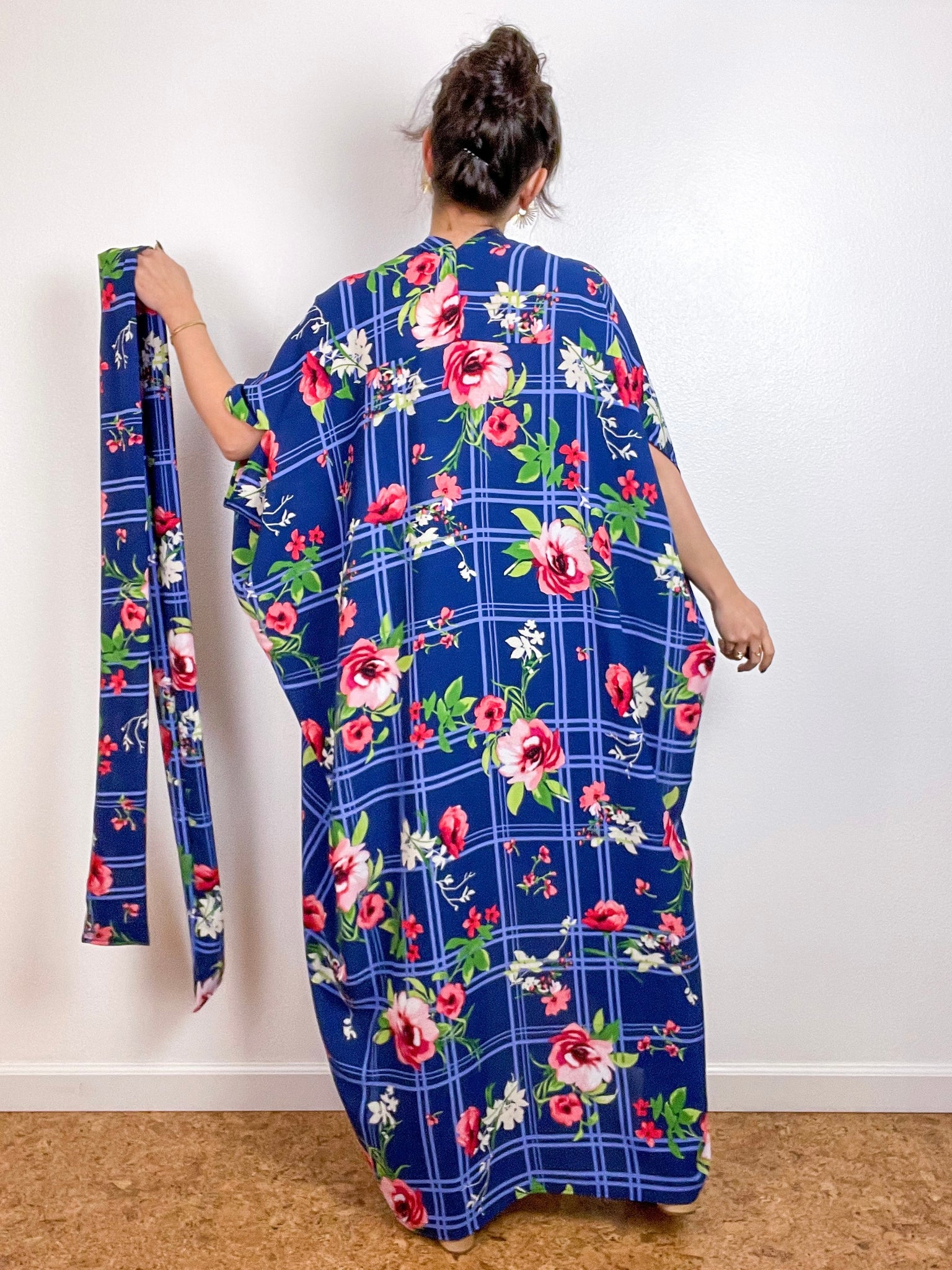 Print High Low Kimono Blue Floral Grid Bubble Crepe
