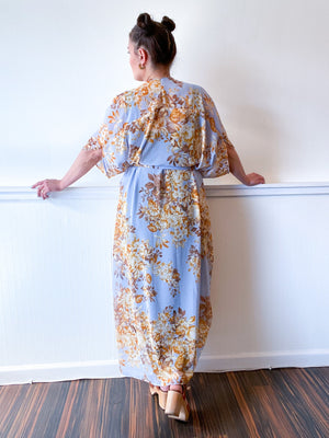Print High Low Kimono Powder Blue and Amber Floral Chiffon
