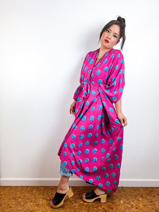 Print High Low Kimono Fuchsia Turquoise Dots Challis