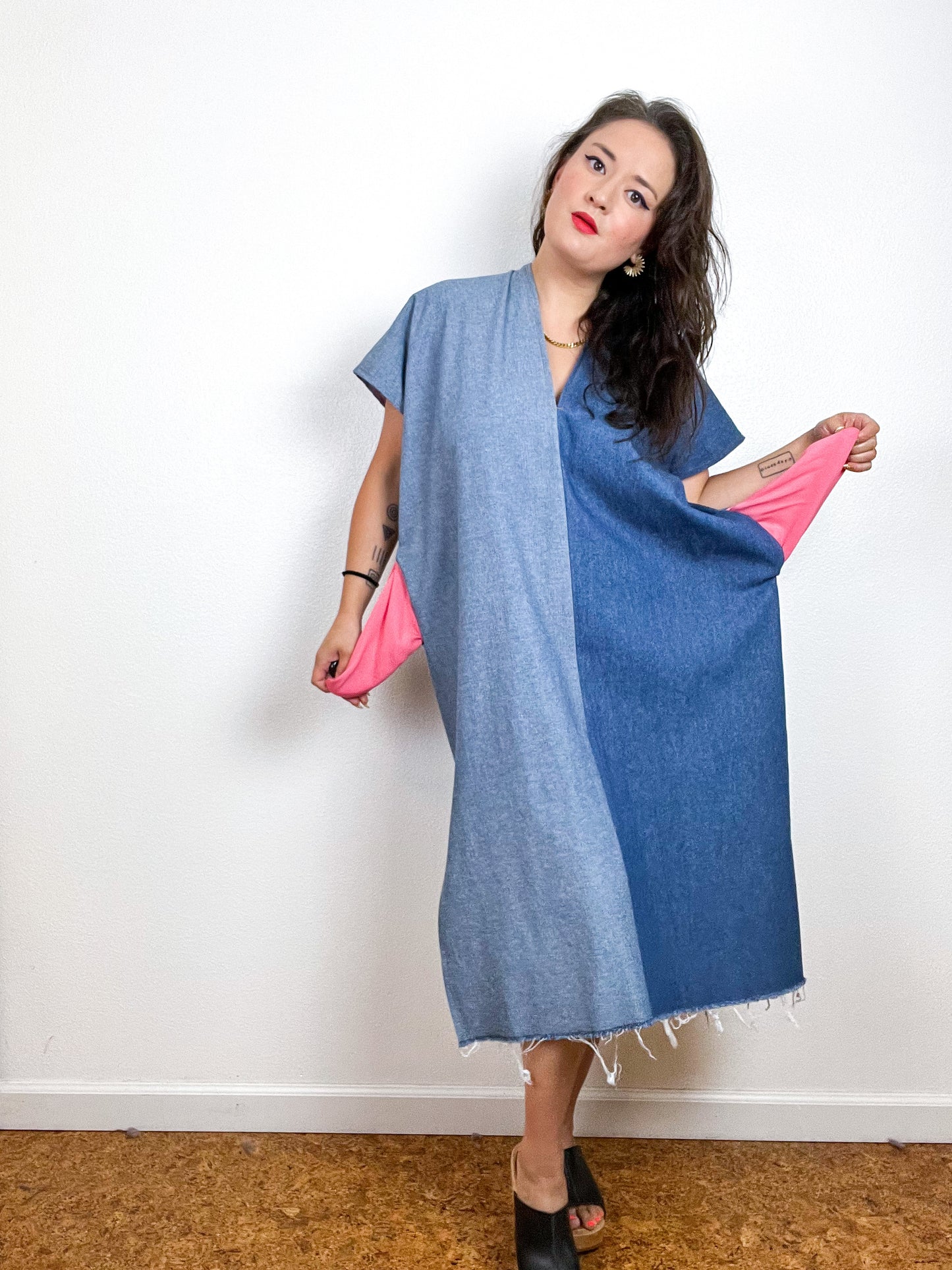 Denim Midi Smock Dress Two Tone
