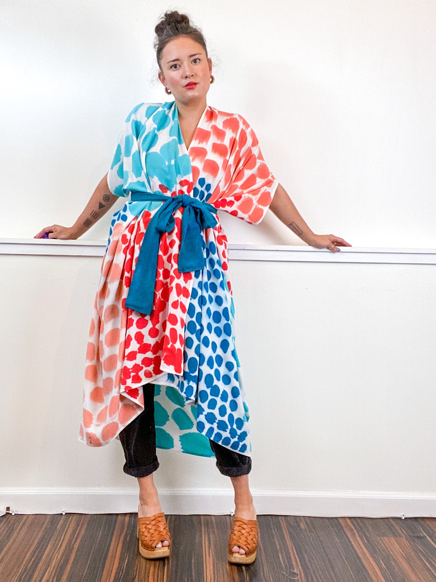 OOAK Hand-Dyed High Low Kimono Coral Parakeet Scarlet Kingfisher Dots