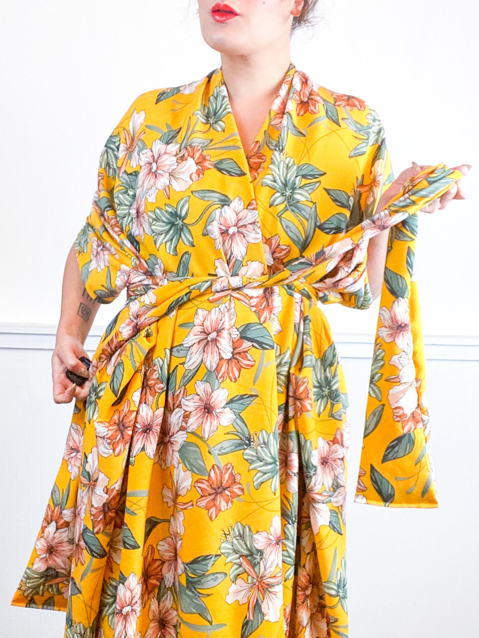 Print High Low Kimono Marigold Lily Floral Rayon Challis