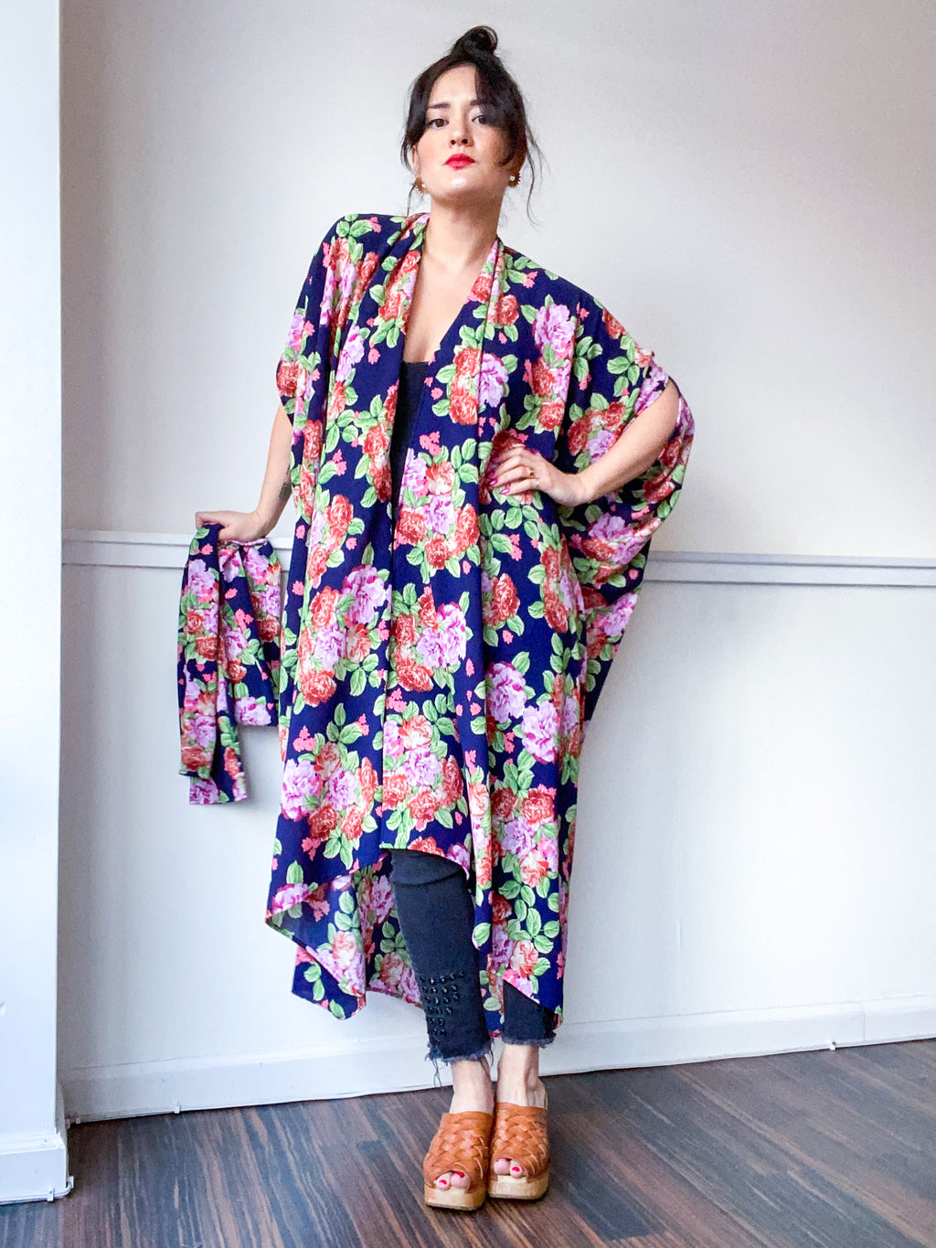 Print High Low Kimono Peony Bouquet Bubble Crepe