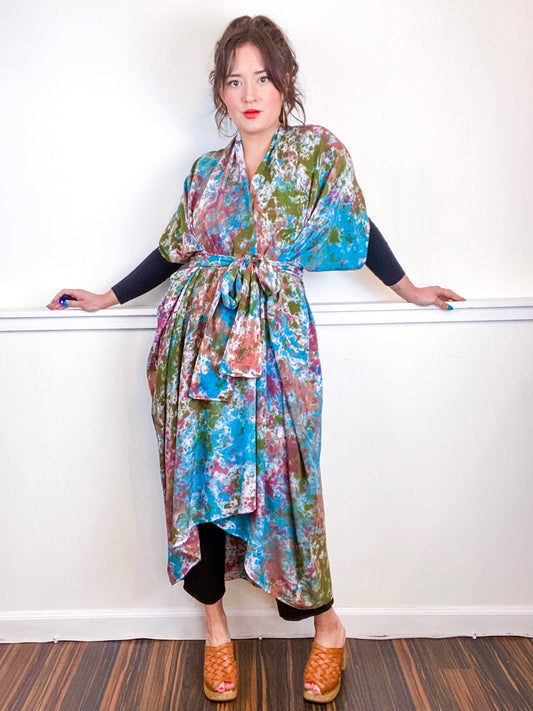 Hand-Dyed High Low Kimono Terracotta Moss Teal Maroon Speckle