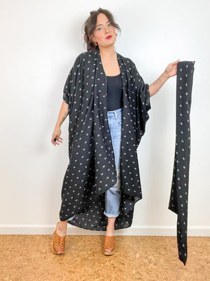 Print High Low Kimono Black Mini Floral Crinkle Gauze