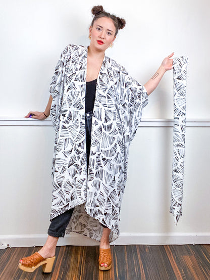Print High Low Kimono White Black Sketch Crepe