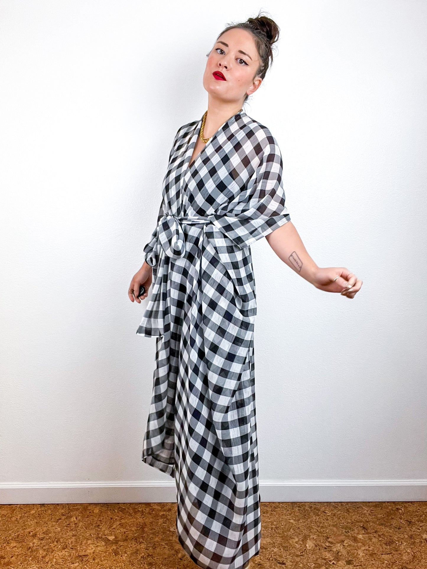 Print High Low Kimono Black White Buffalo Crinkle Chiffon