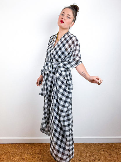 Print High Low Kimono Black White Buffalo Crinkle Chiffon