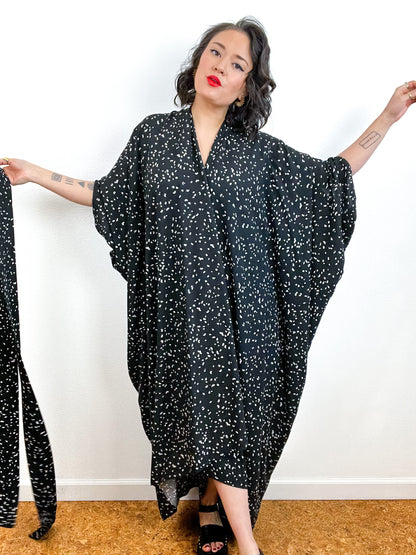 Print High Low Kimono Black Ivory Speckle Challis