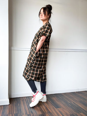 Plaid Midi Smock Dress Olive