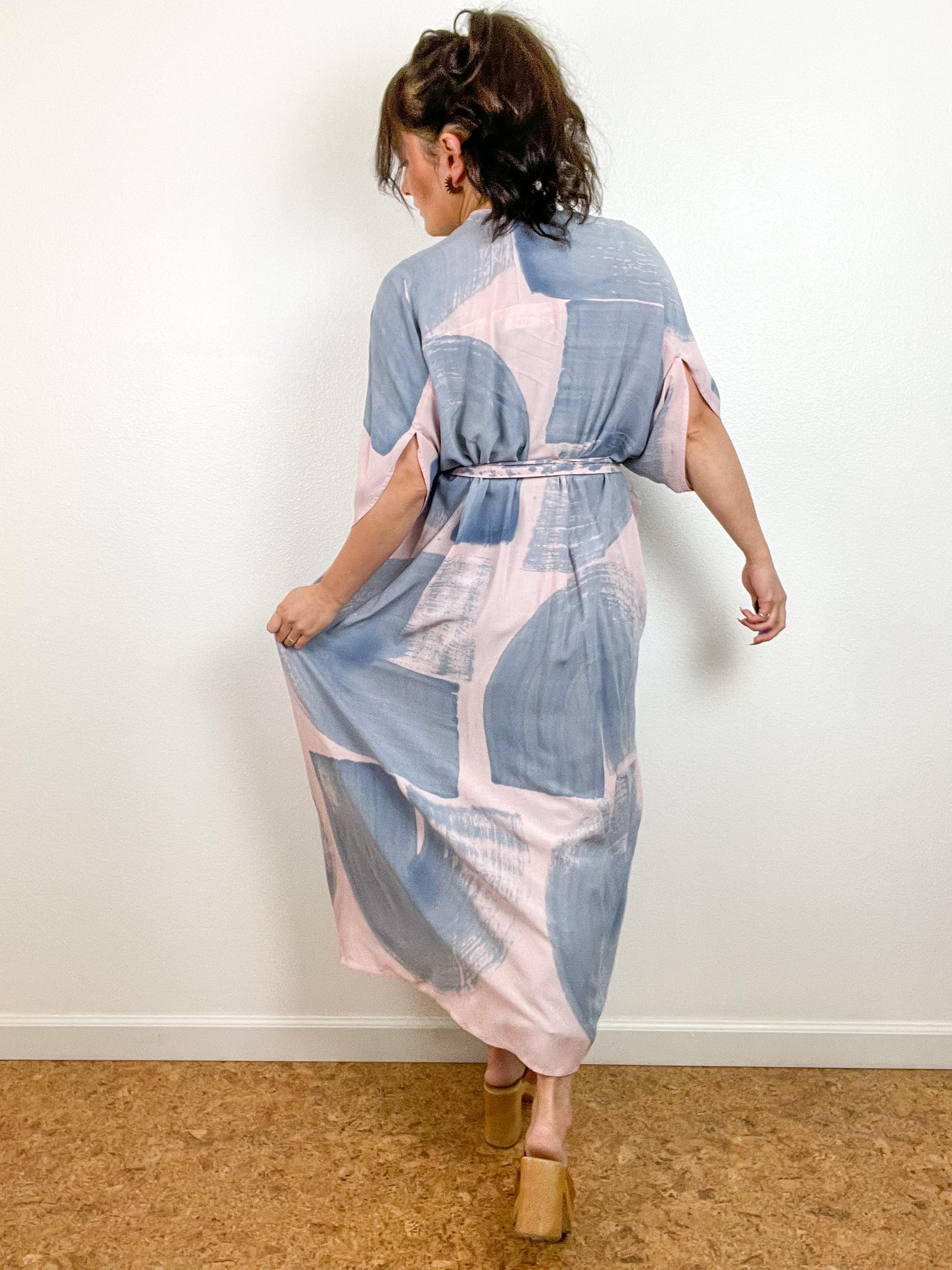 Hand-Dyed High Low Kimono Blush Blue Brushstroke