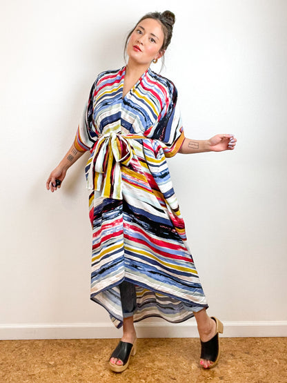 High Low Kimono Painterly Stripes Rayon Challis