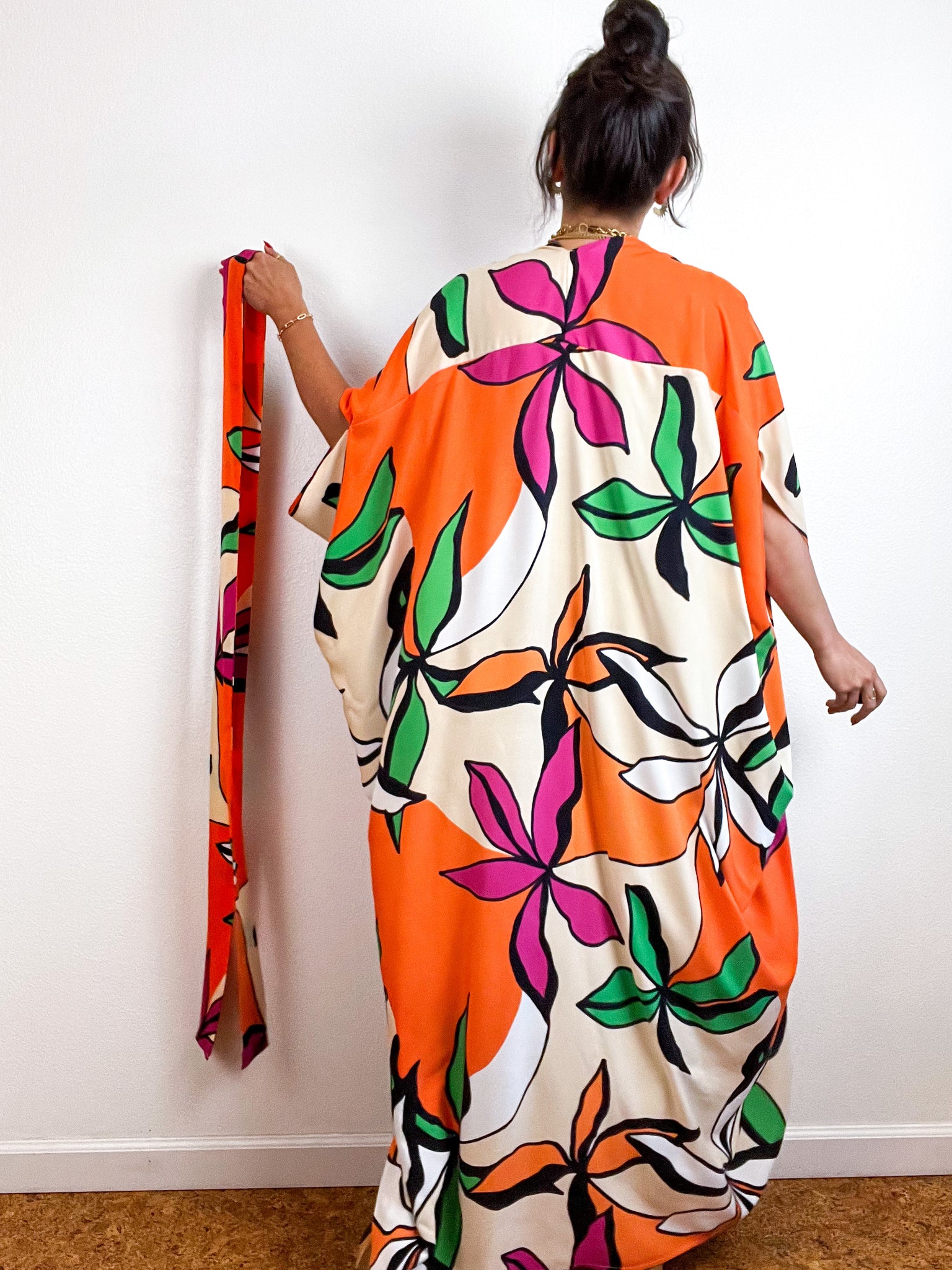 Print High Low Kimono Orange Ecru Abstract Floral Challis