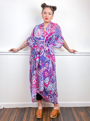 Print High Low Kimono Purple Paisley Chiffon