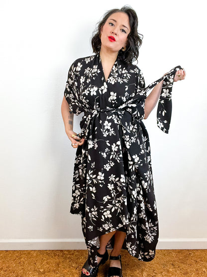 Print High Low Kimono Black Ivory Jacquard Floral Challis