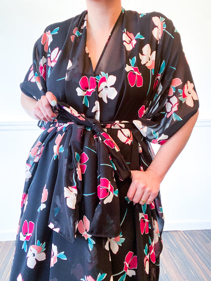 Print High Low Kimono Black Black Pink Floral Chiffon