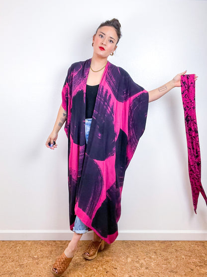 Hand-Dyed High Low Kimono Fuchsia Black Brushstroke