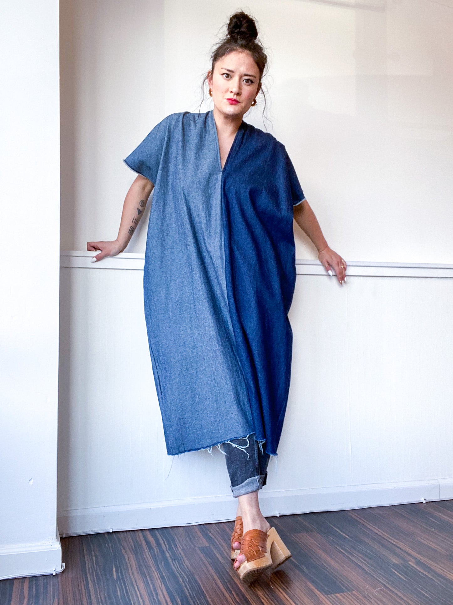 Denim Midi Smock Dress Dark Two Tone Size Medium