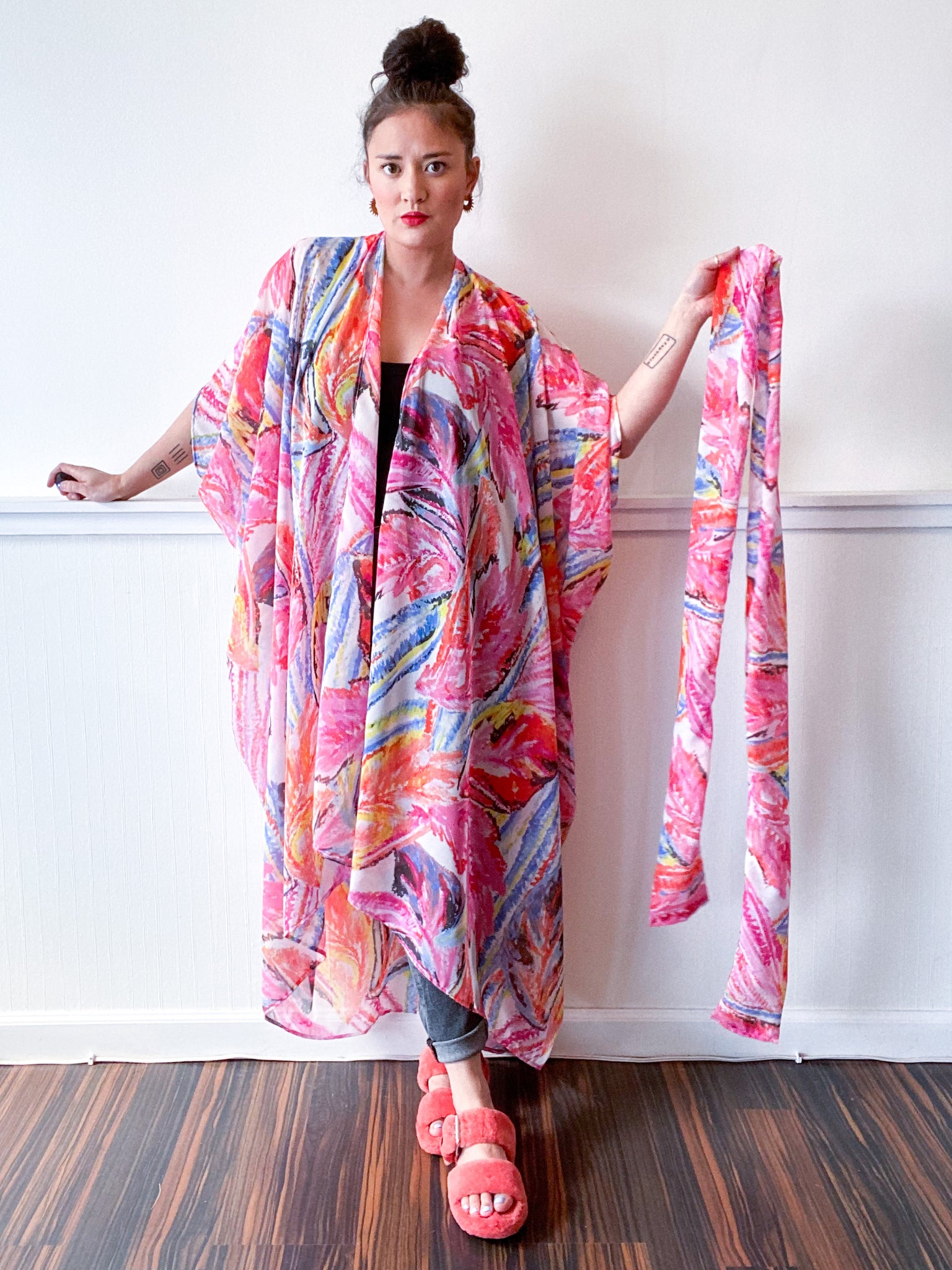 Print High Low Kimono Pink Painterly Chiffon