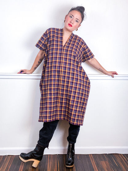 Plaid Smock Dress Grey Maroon Mustard