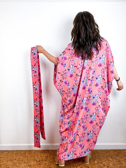 Print High Low Kimono Coral Floral Charmeuse
