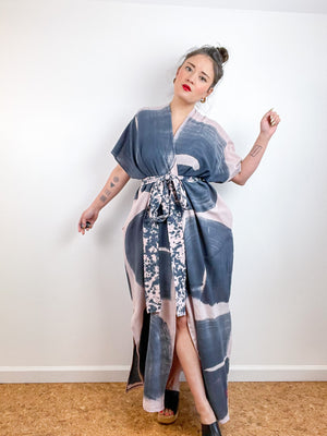 Single Gauze Duster Kimono Blush Graphite Brushstrokes
