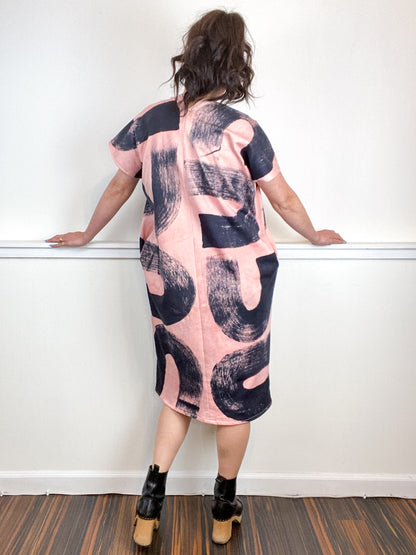 Hand-Dyed Sweatshirt Smock Dress Blush Black Brushstrokes