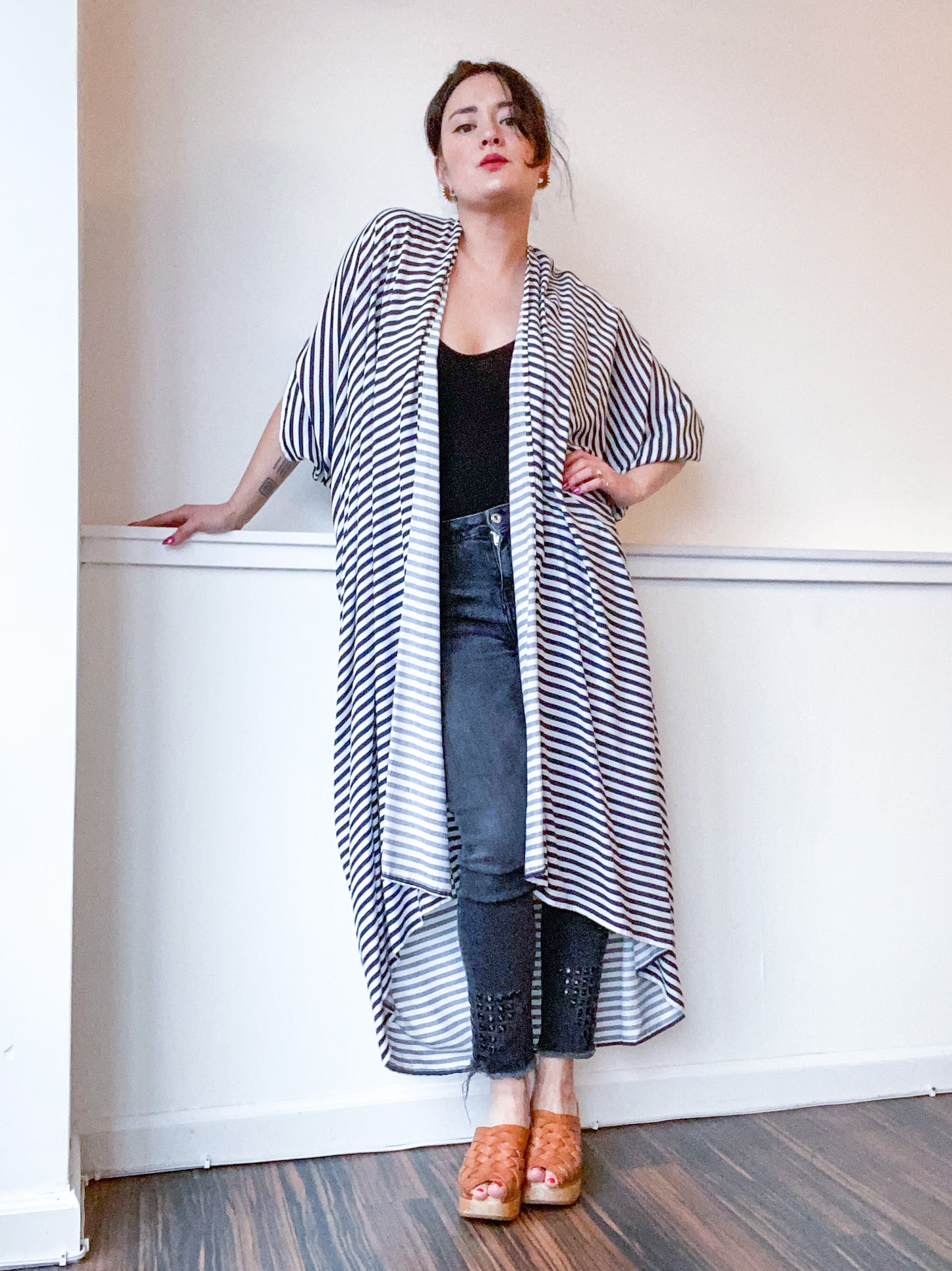 Print High Low Kimono Navy Stripes