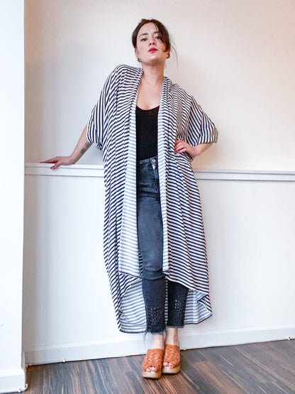 Print High Low Kimono Navy Stripes