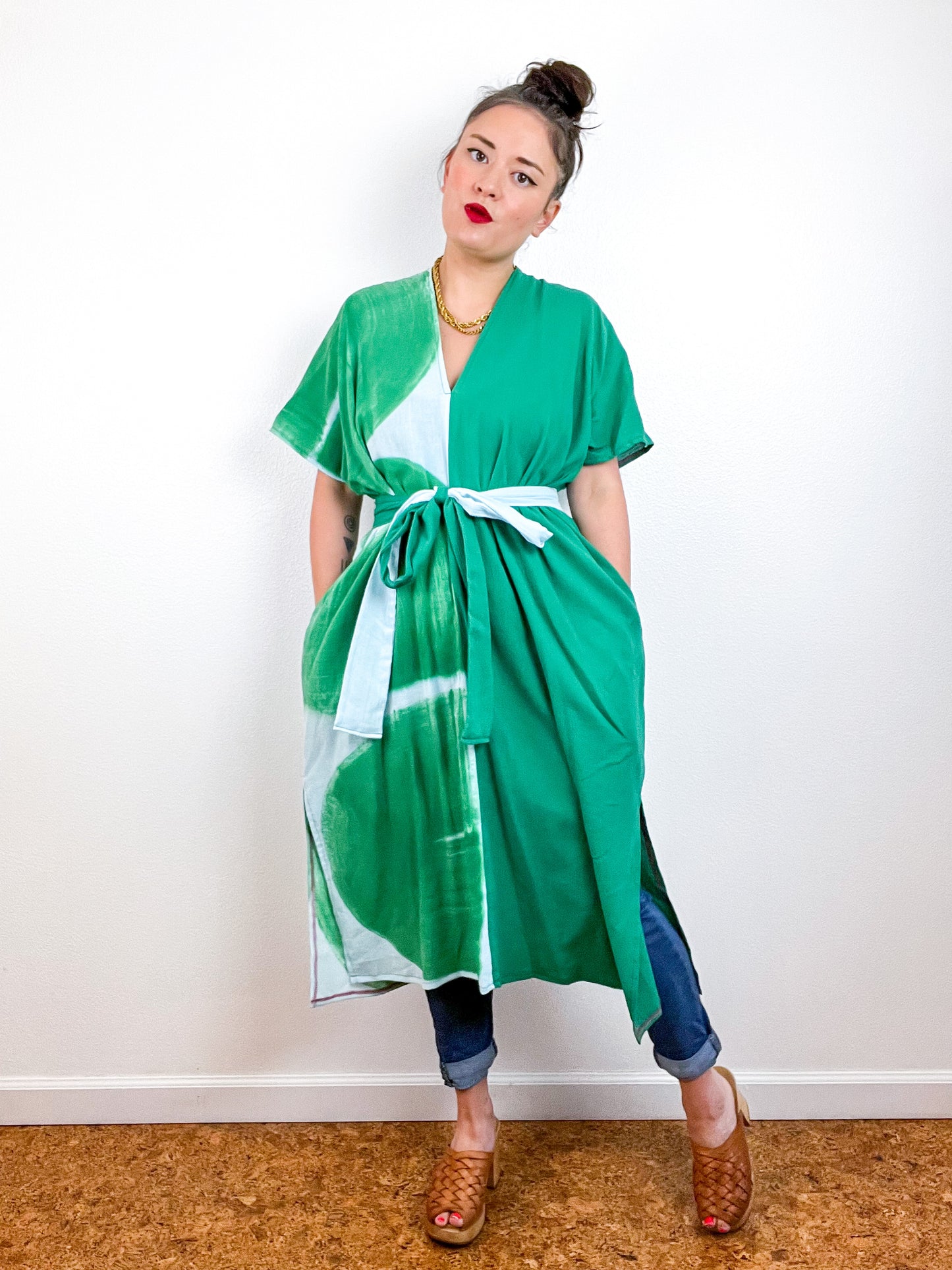 Single Gauze Midi Caftan Dress Green Aqua Brushstrokes