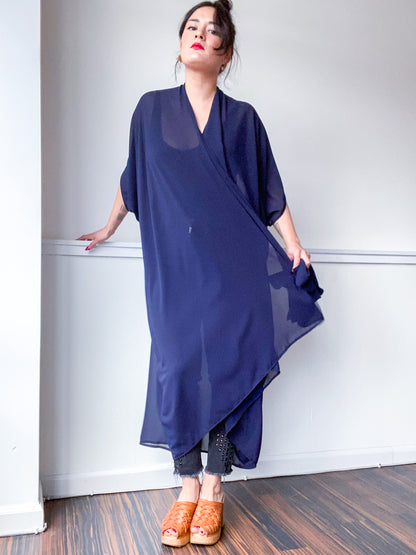 Print High Low Kimono Navy Georgette