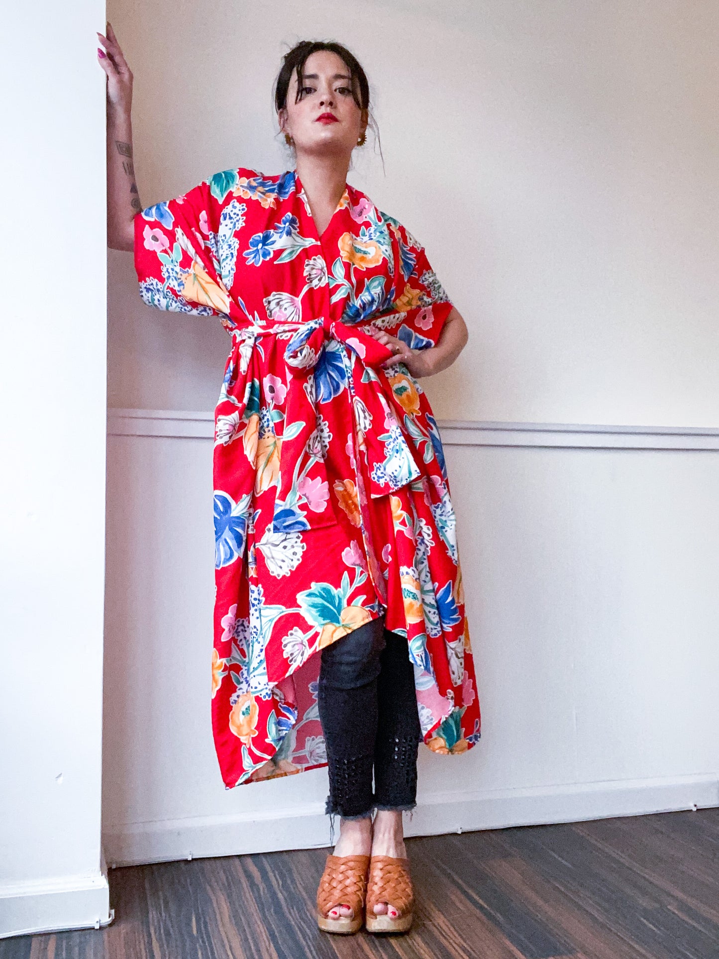 Print High Low Kimono Red Tropical