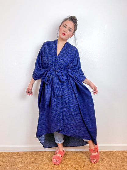 Print High Low Kimono Royal Black V Rayon Challis