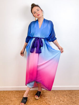 Print High Low Kimono Blue Pink Ombre Chiffon