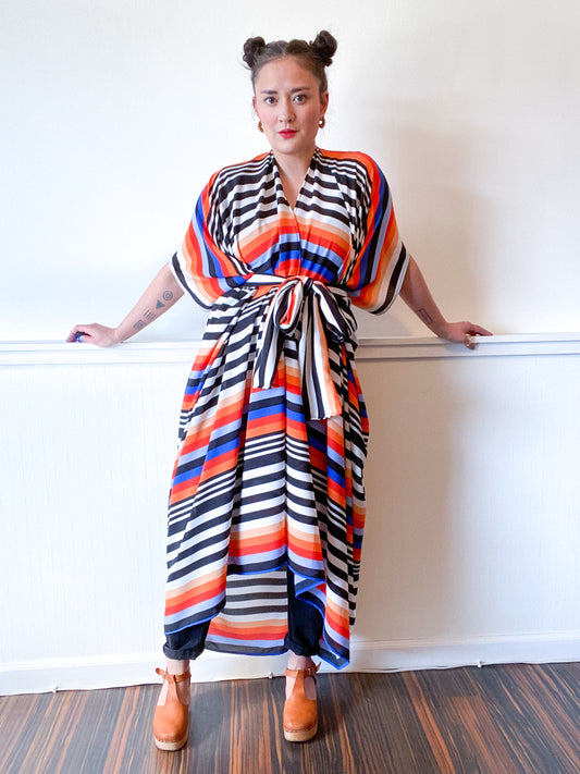Print High Low Kimono Multicolor Stripe Bubble Crepe