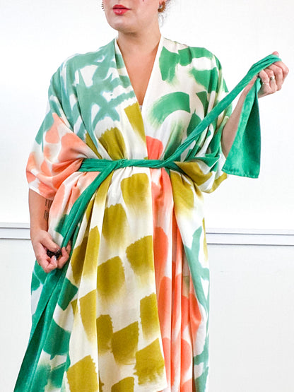 OOAK Hand-Dyed High Low Kimono Emerald Flamingo Amber Sea Brushstrokes