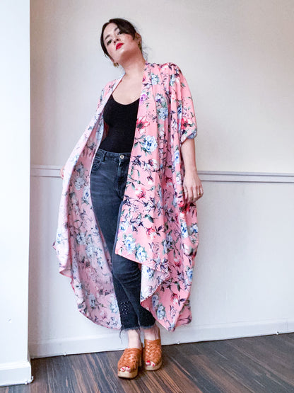 Print High Low Kimono Coral Gardenia Floral Rayon Challis
