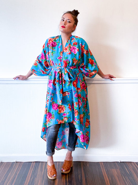Print High Low Kimono Turquoise Floral Rayon Challis