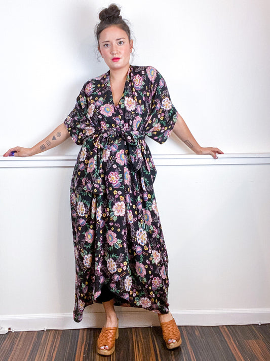 Print High Low Kimono Black Lavender Floral Bubble Crepe