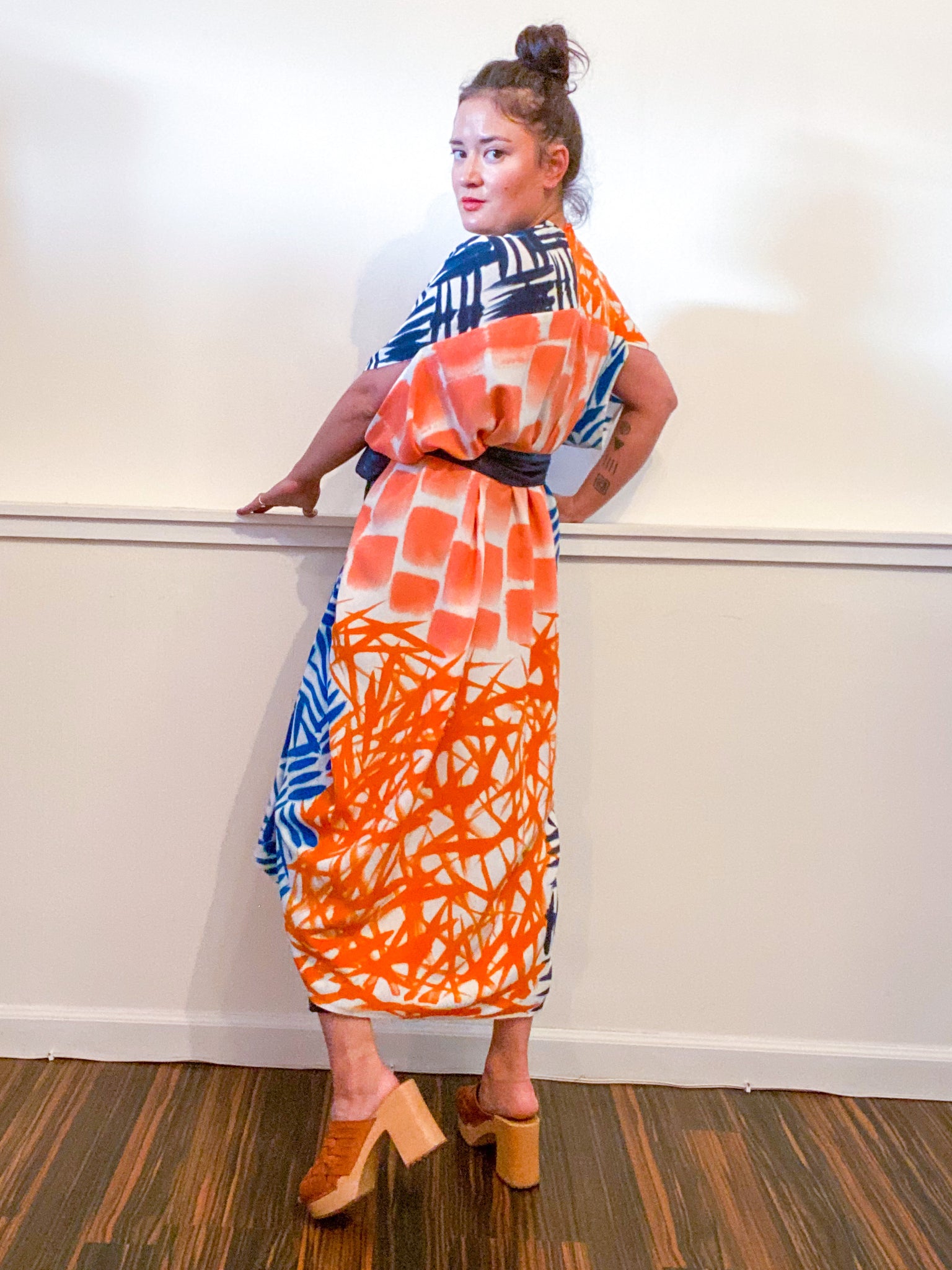 Limited Edition Hand-Dyed High Low Kimono Teal Cerulean Coral Orange